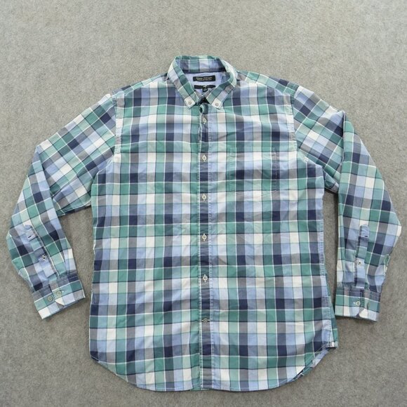 Banana Republic Shirt Mens Large Green Blue Button Up Plaid Slim Custom - Picture 1 of 14